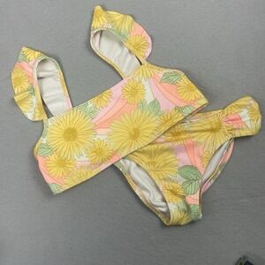 Billabong Girls‎ Floral Swimsuit Two Piece Ruffle Strap Swim Set Yellow Pink